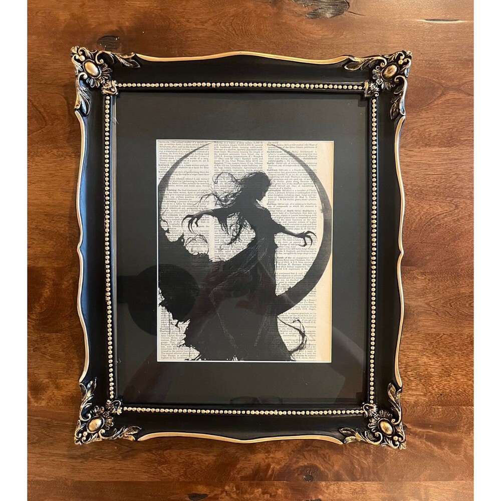 Framed Gothic Witch Dictionary Art Black Gold Ornate Frame